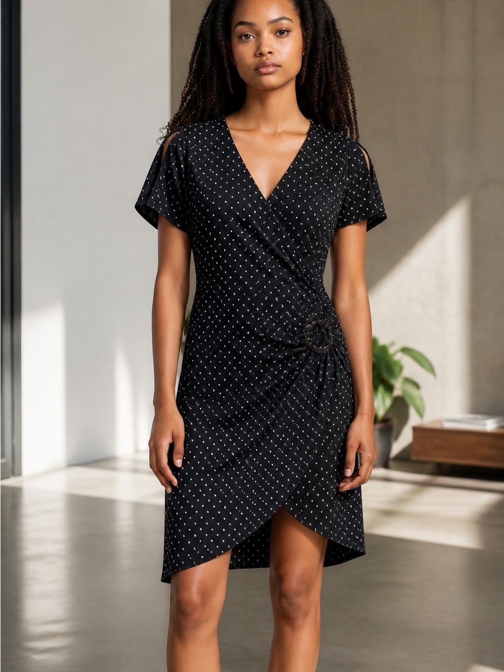 REITMANS Black Polka Dot Faux-Wrap Dress size small